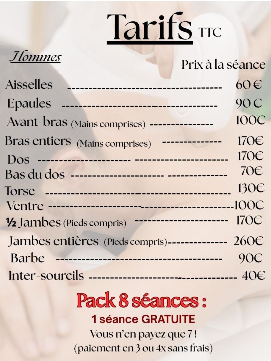 Liste des tarifs pour différentes séances, avec options et prix assortis.