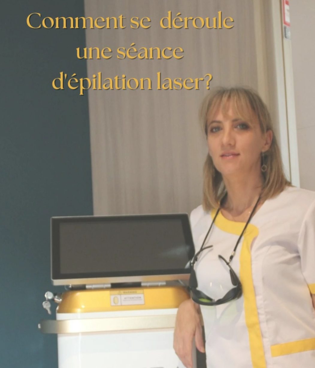 Déroulement d'une séance laser Femme avec blouse blanche se tenant près d'un appareil de dépilation laser.