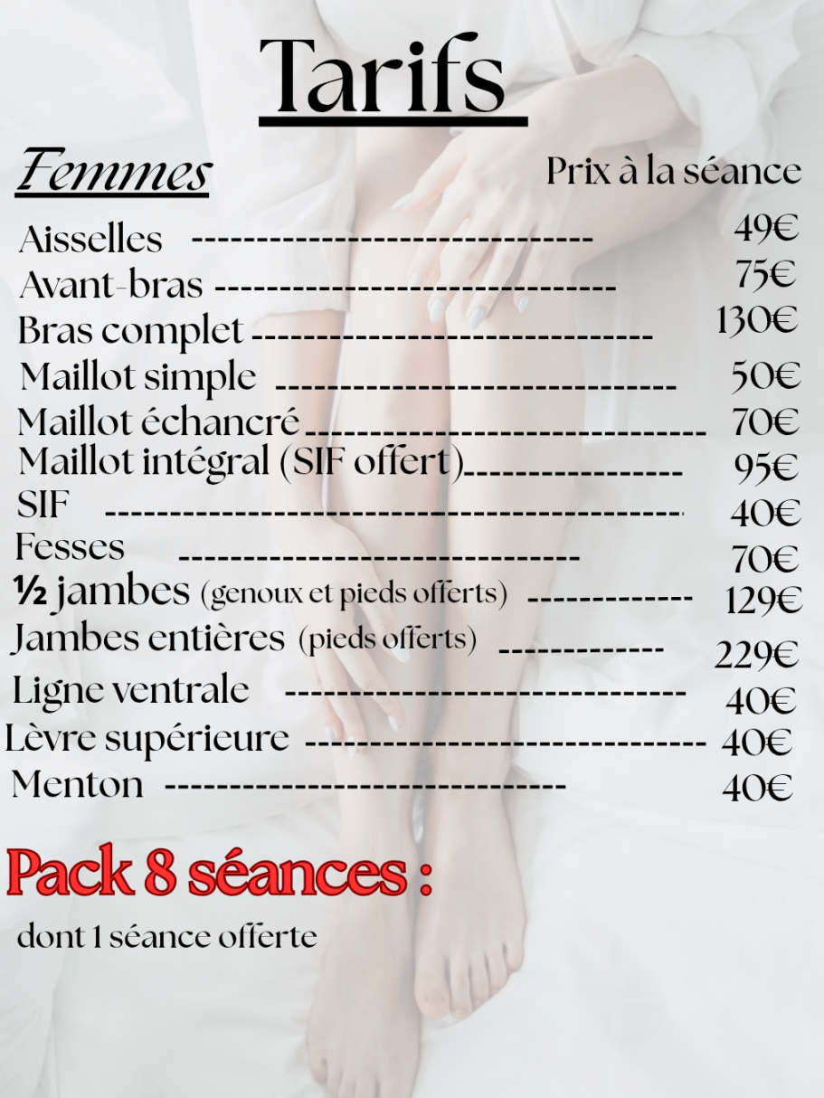 Silphea (Laser) Tarifs de différents soins de hommes, avec détails des services et prix.