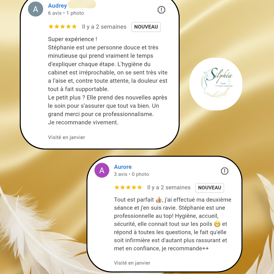 Avis de clients sur épilation laser silphéa, avec des commentaires positifs sur leurs expériences.