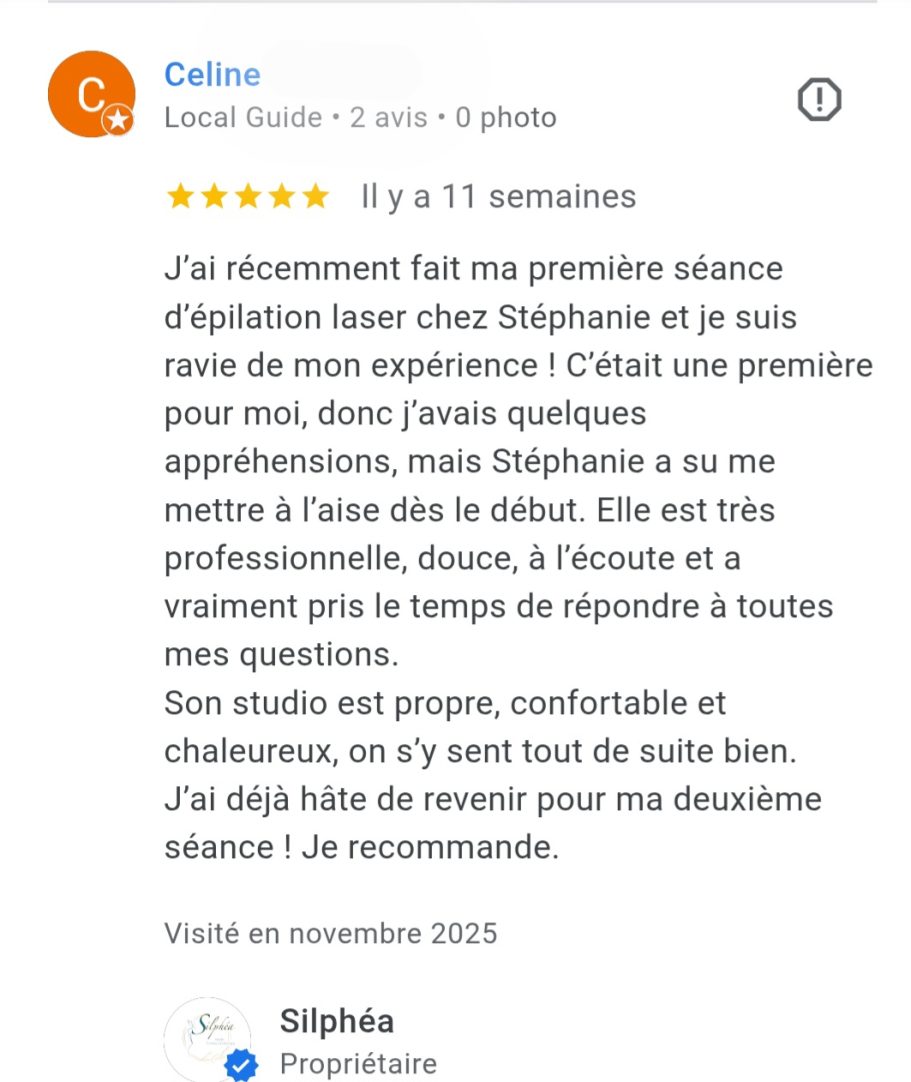 Évaluation d'un service d'explication laser, soulignant le professionnalisme de la spécialiste.
