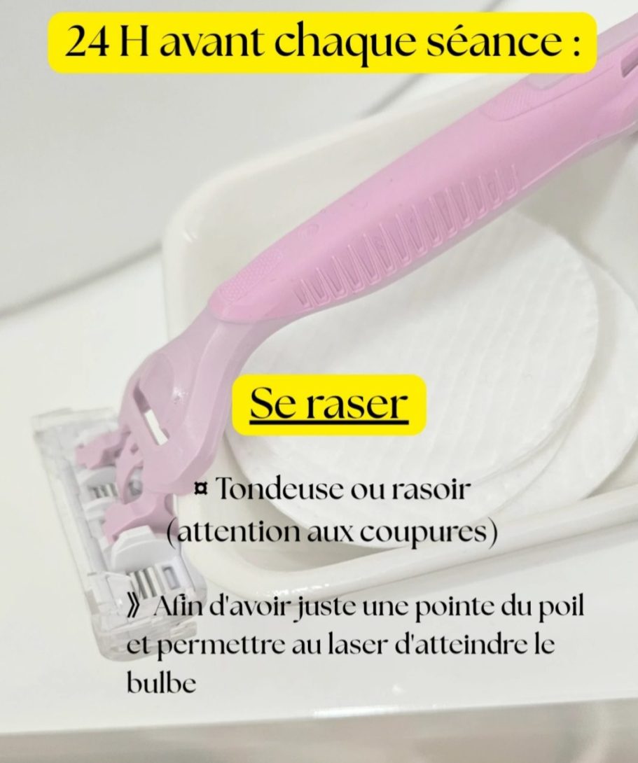 Consigne avant séance laser Rasoir rose sur une serviette, avec des instructions pour le rasage.