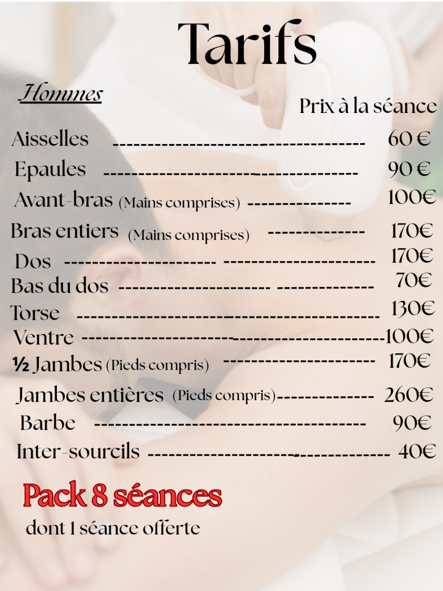 Silphéa Liste des tarifs pour différentes séances, avec options et prix assortis.