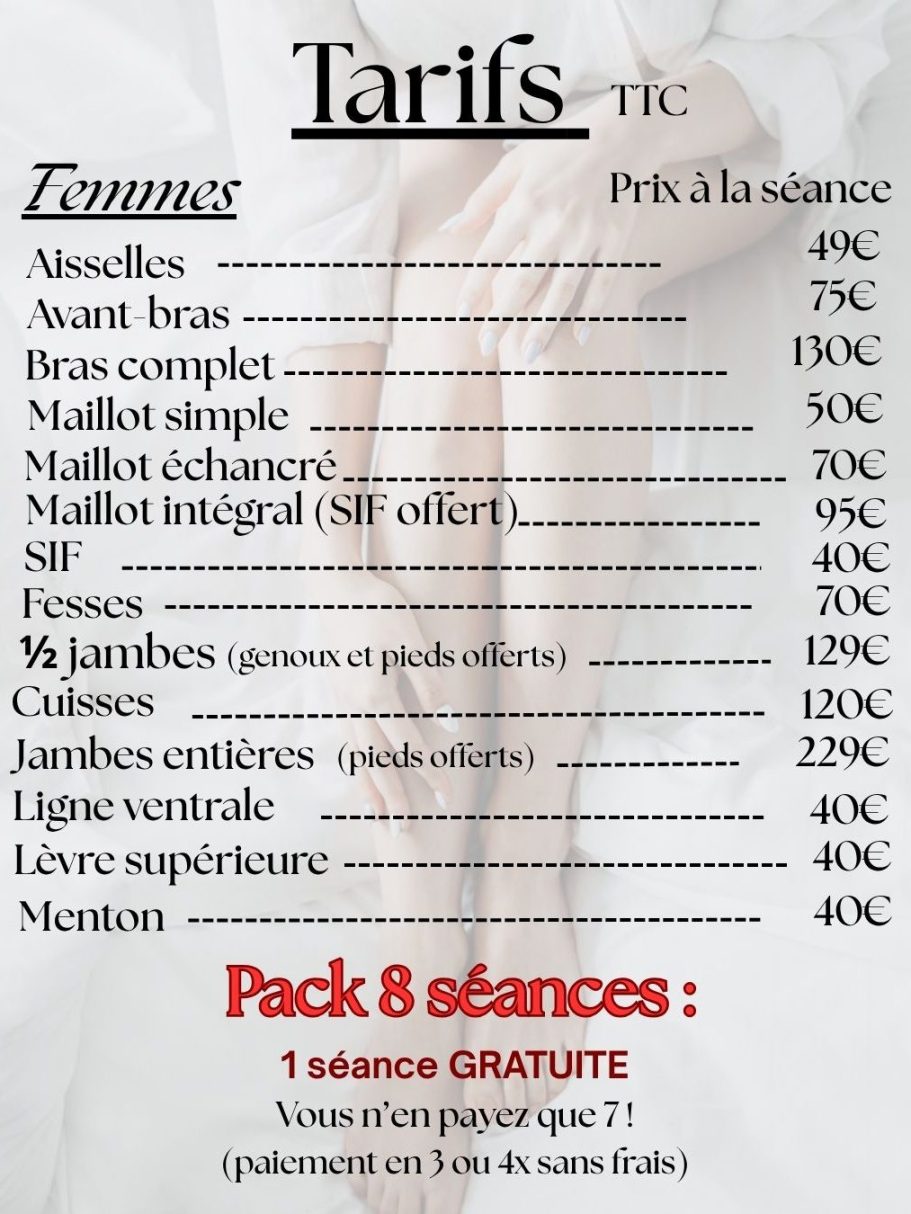 Tarifs de différents soins de hommes, avec détails des services et prix.